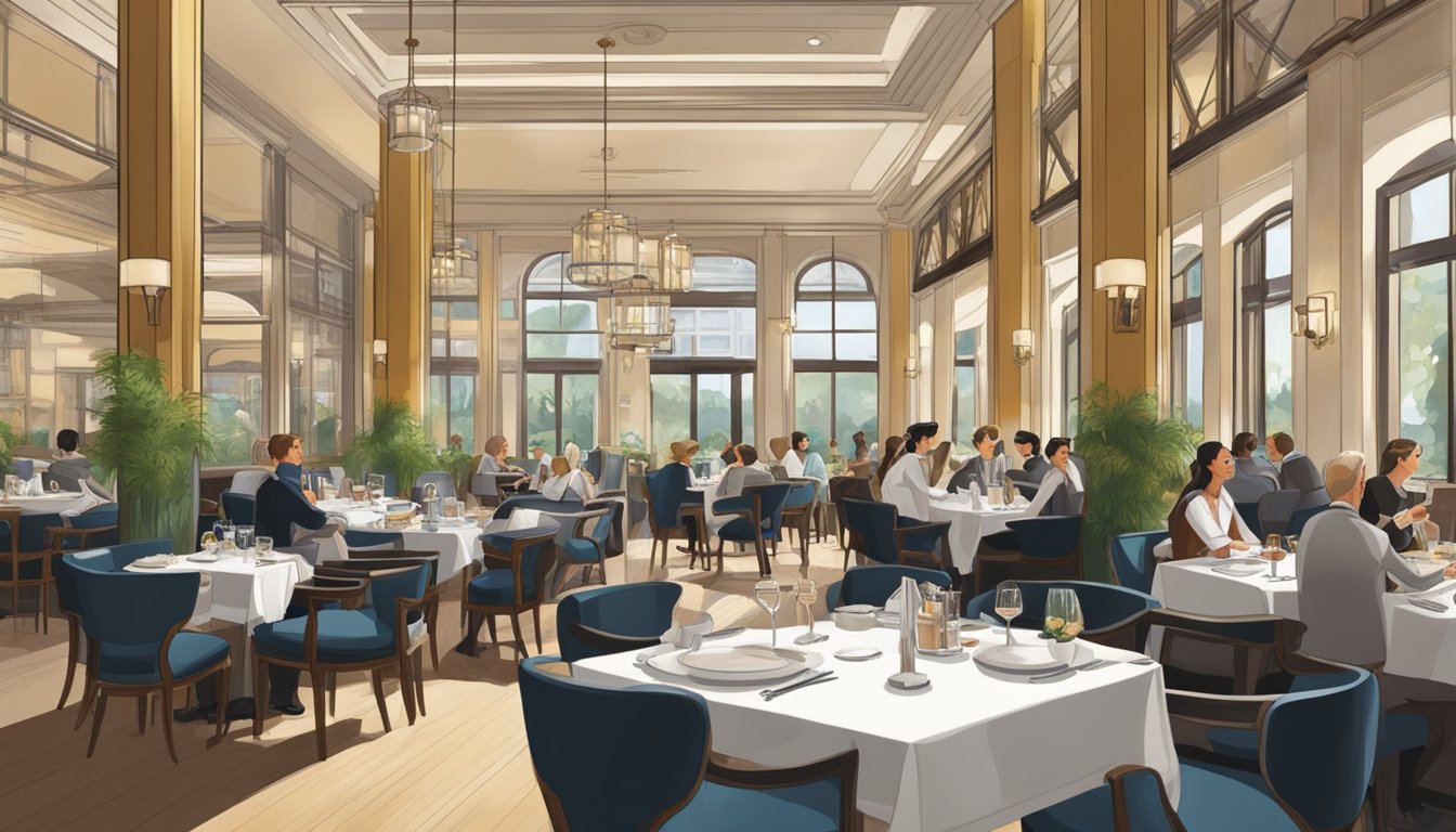The UOB building restaurant is bustling with diners enjoying their meals, while waitstaff move swiftly between tables, and the elegant decor adds to the ambiance