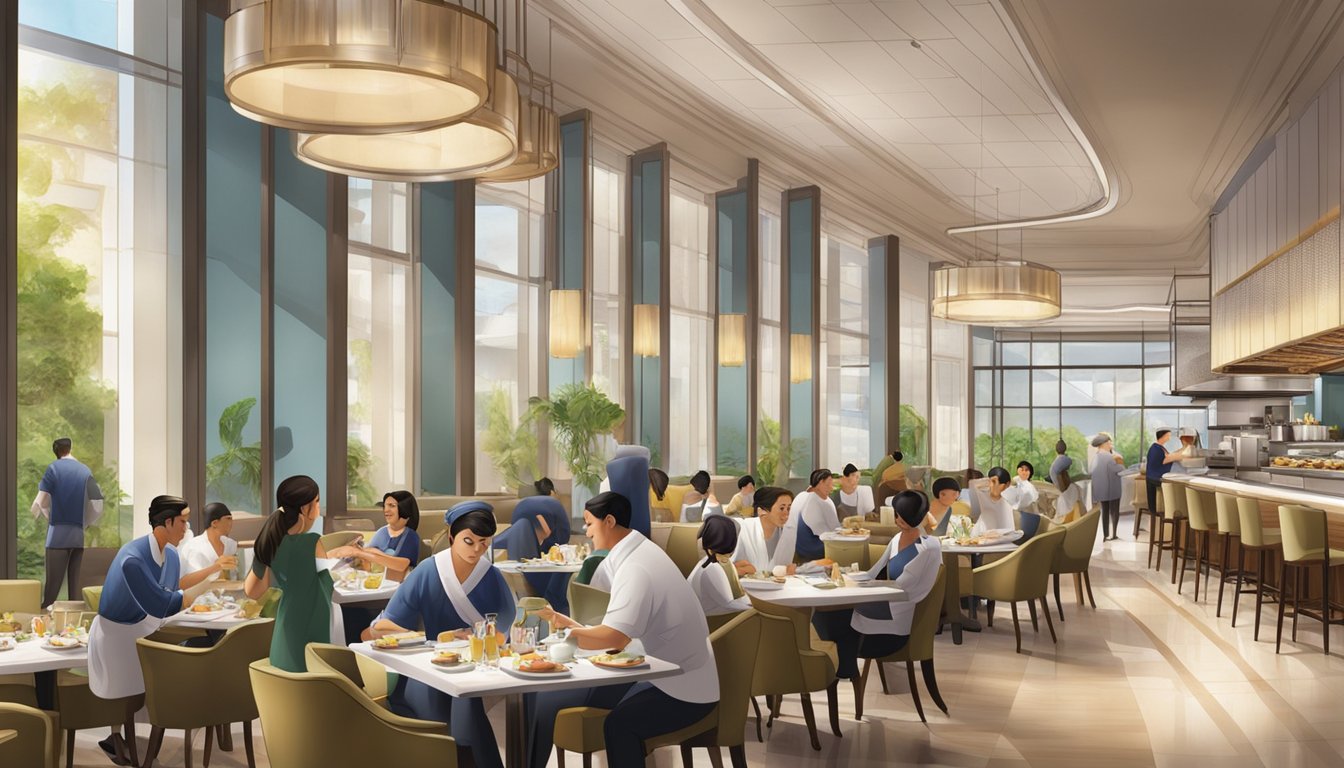 The bustling UOB Plaza restaurant features a variety of culinary delights, with chefs working diligently in the open kitchen while patrons enjoy their meals in the elegant dining area