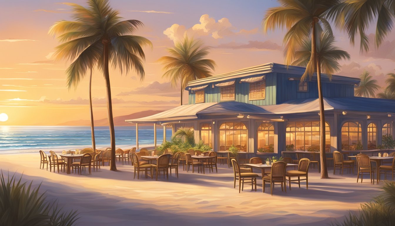 The sun sets over a serene beachfront restaurant, with white sands stretching to meet the calm ocean waves. Palm trees sway gently in the breeze, casting long shadows across the pristine landscape