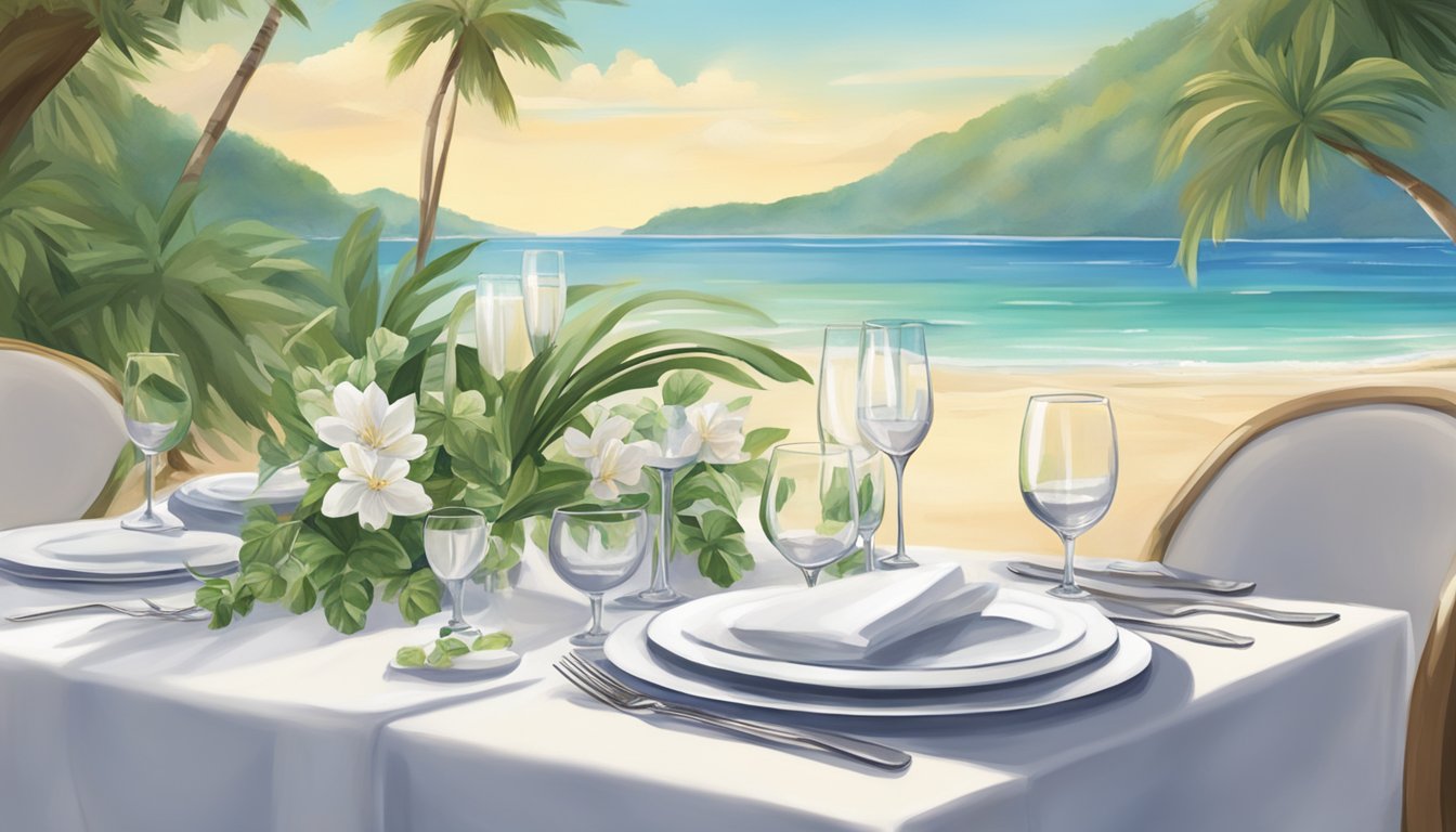 A table set with elegant white linens and sparkling glassware, surrounded by lush greenery and overlooking a pristine beach at White Sands restaurant