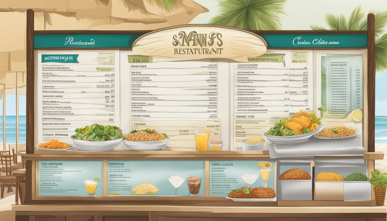 A menu board displays items and prices at White Sands Restaurant