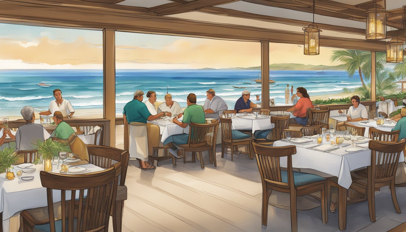 The White Sands Restaurant bustles with diners enjoying ocean views and fresh seafood. The staff greets guests warmly, while the open kitchen emits tantalizing aromas
