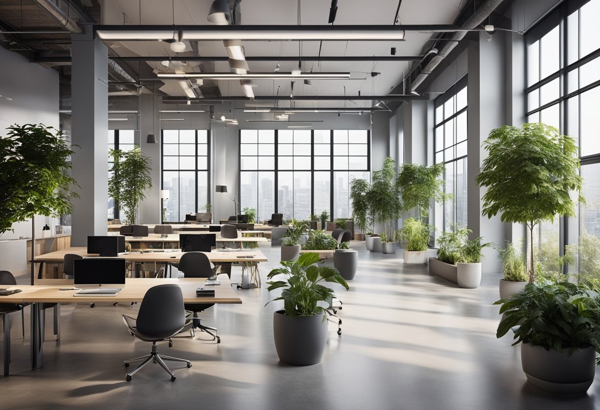 A spacious mezzanine office with modern furniture, large windows, and plants. The space is well-lit, with a sleek and professional design