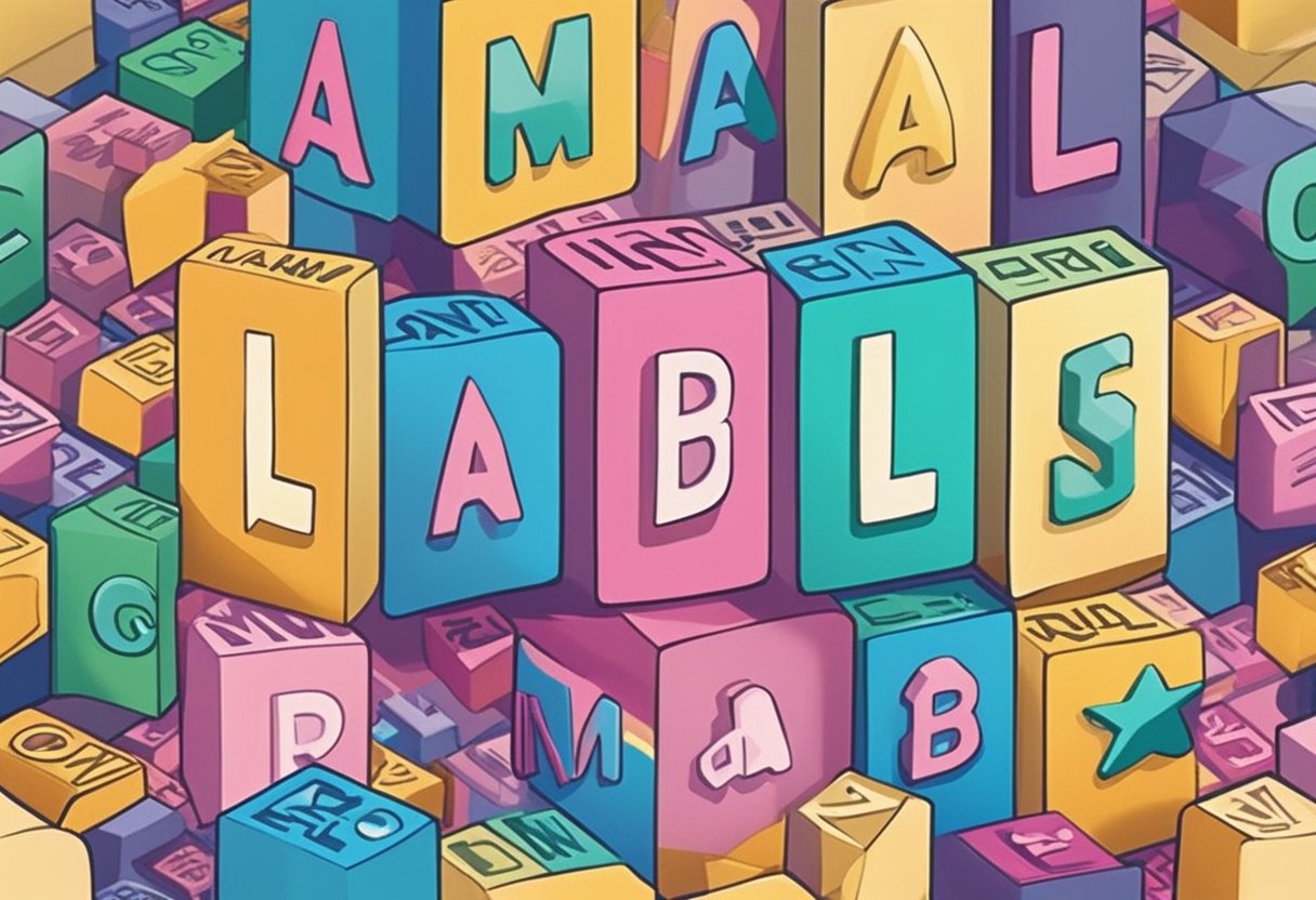 A stack of colorful name blocks with unique and unconventional baby names on them, surrounded by a whimsical and imaginative backdrop