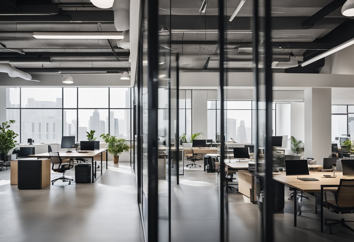 A modern mezzanine office with open layout, sleek furniture, and natural lighting. Clean lines and minimalist decor create a professional yet inviting atmosphere