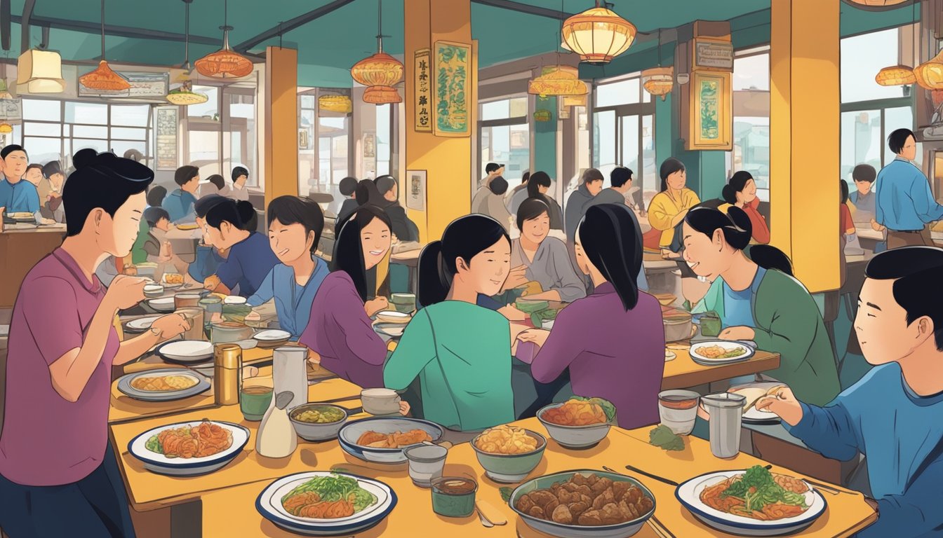 Customers enjoying a meal at Wing Seong Fatty's, with colorful dishes on the table and a bustling atmosphere in the background
