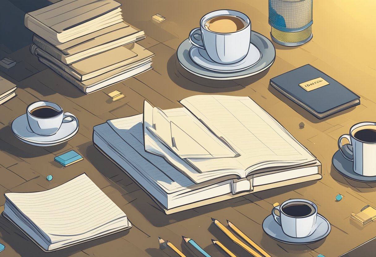 A table with a stack of baby name books, a notepad, and a pencil. A cup of coffee sits nearby, surrounded by scattered name ideas