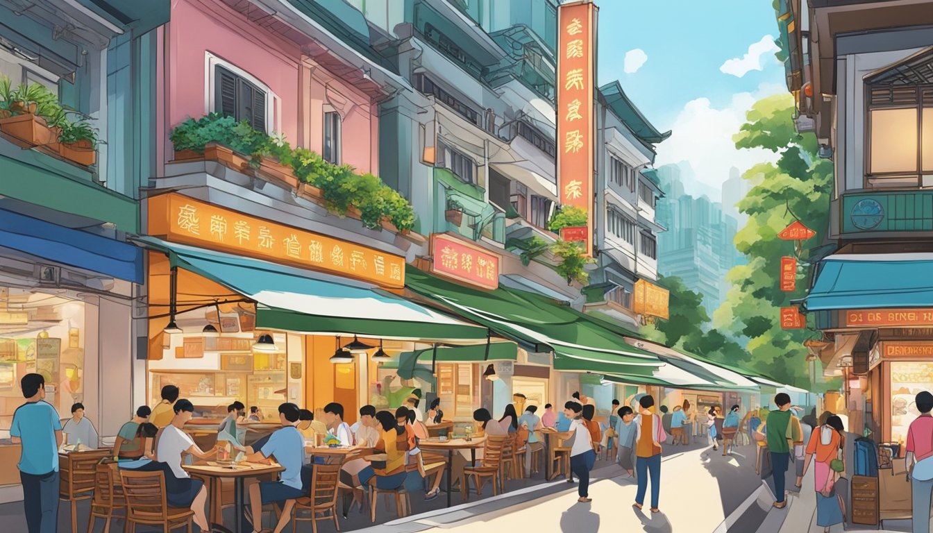A bustling street scene in Singapore, with a prominent sign for "Wing Seong Fatty's Restaurant" at 175 Bencoolen St. The surrounding area is filled with vibrant activity and diverse architecture