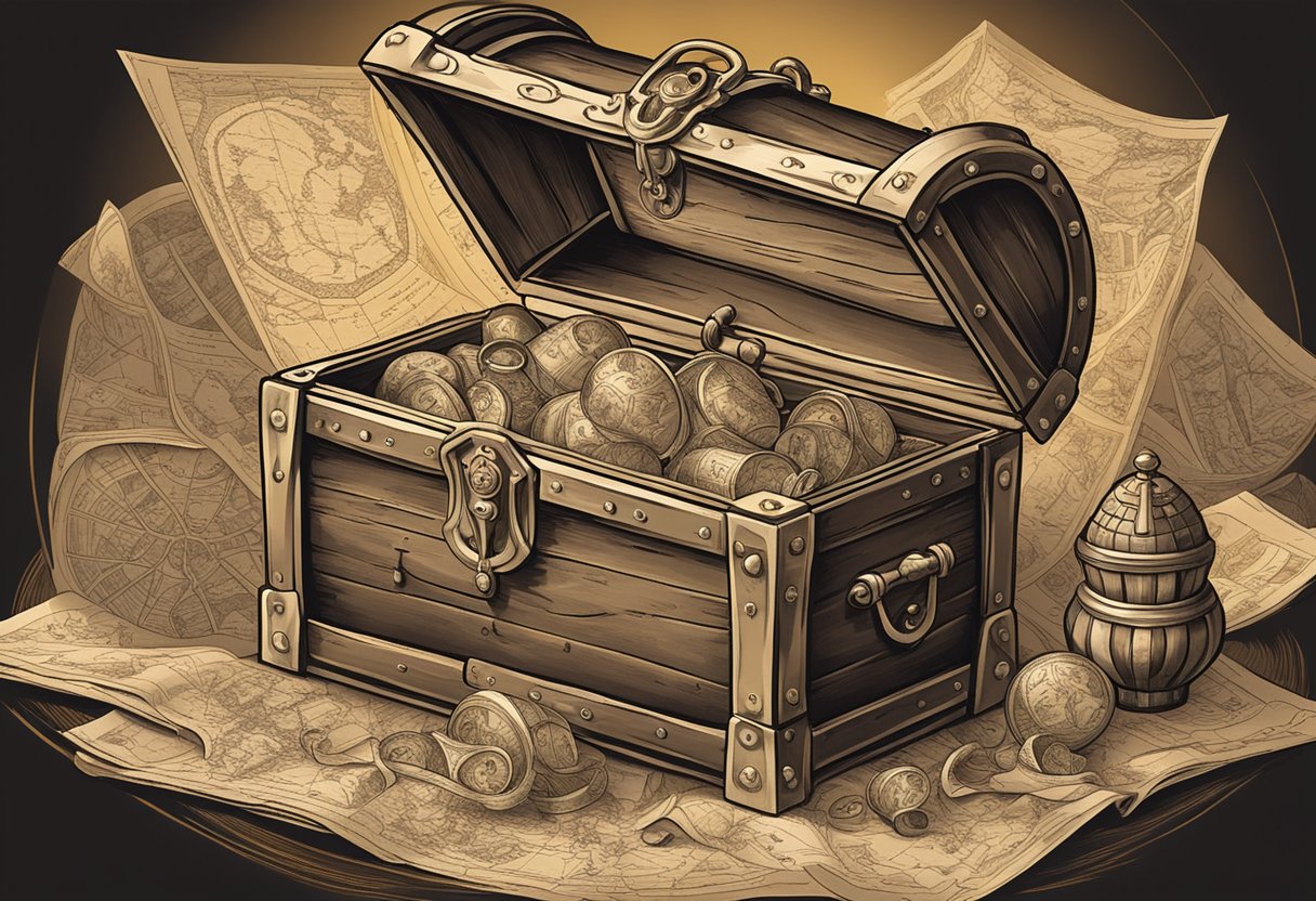 A treasure chest overflowing with scrolls of pirate baby names, surrounded by maps and a compass