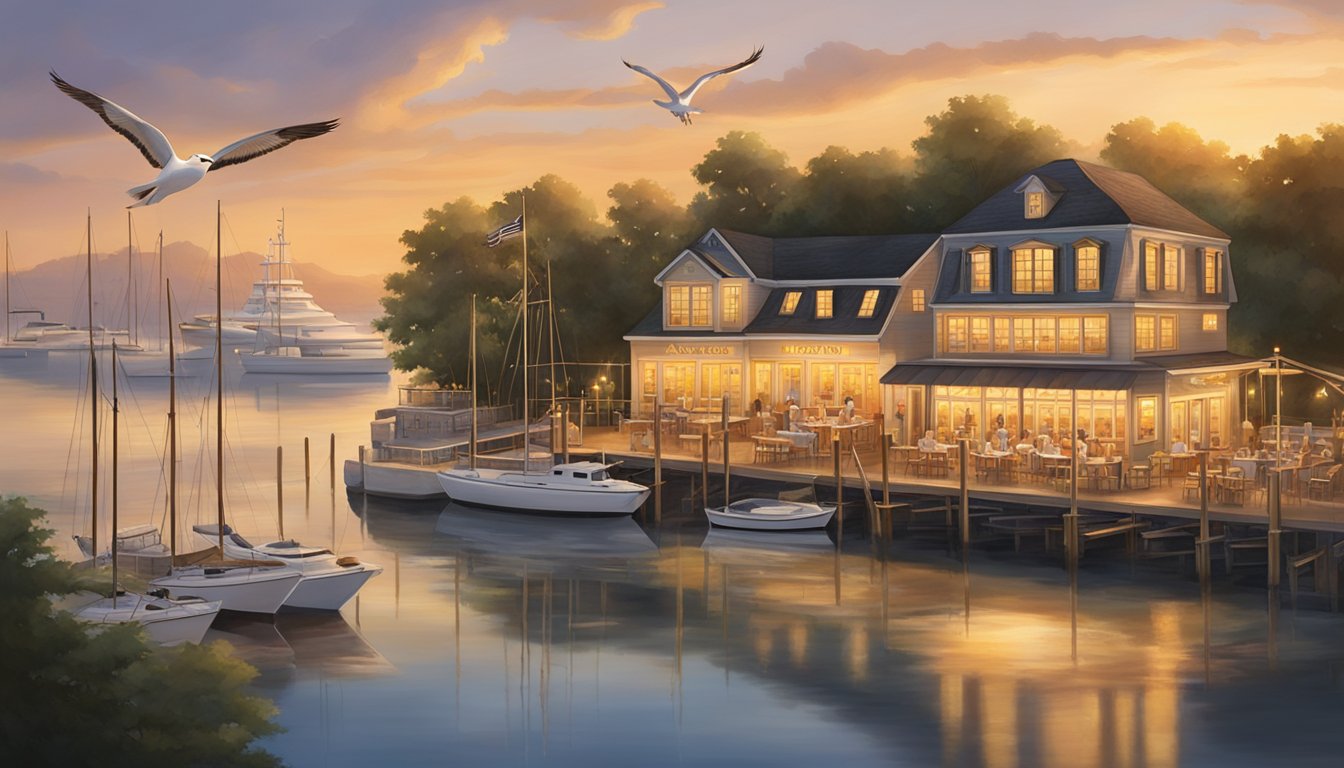 The Anchor Point Restaurant overlooks a serene harbor, with sailboats bobbing in the water and seagulls circling overhead. The warm glow of the setting sun casts a golden hue over the scene