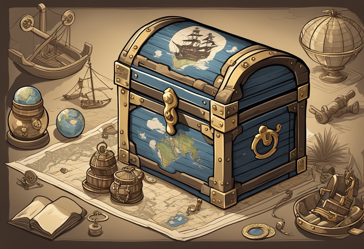 A treasure chest with pirate-themed baby items, surrounded by a map, compass, and Jolly Roger flag
