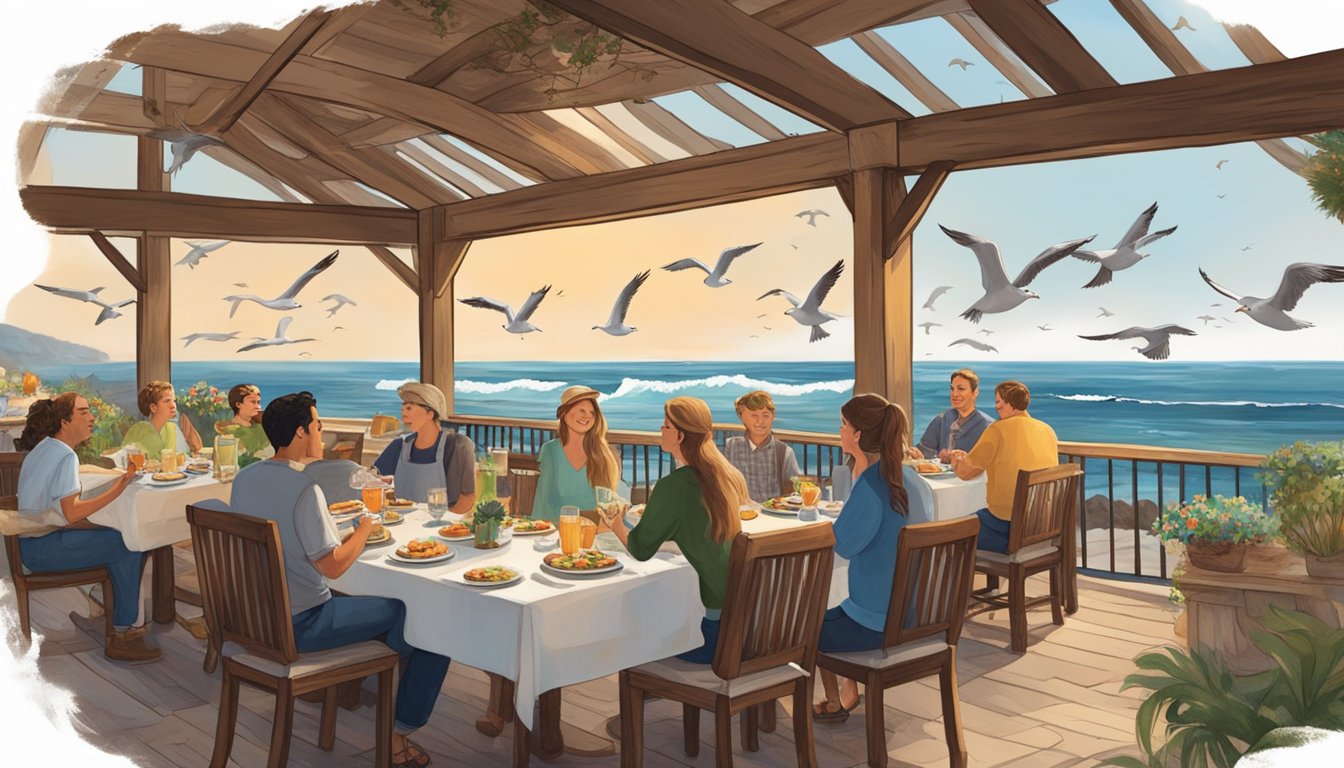 Customers dining on a seaside patio, waves crashing on rocks below, seagulls circling overhead, and a cozy, rustic interior with a view of the ocean