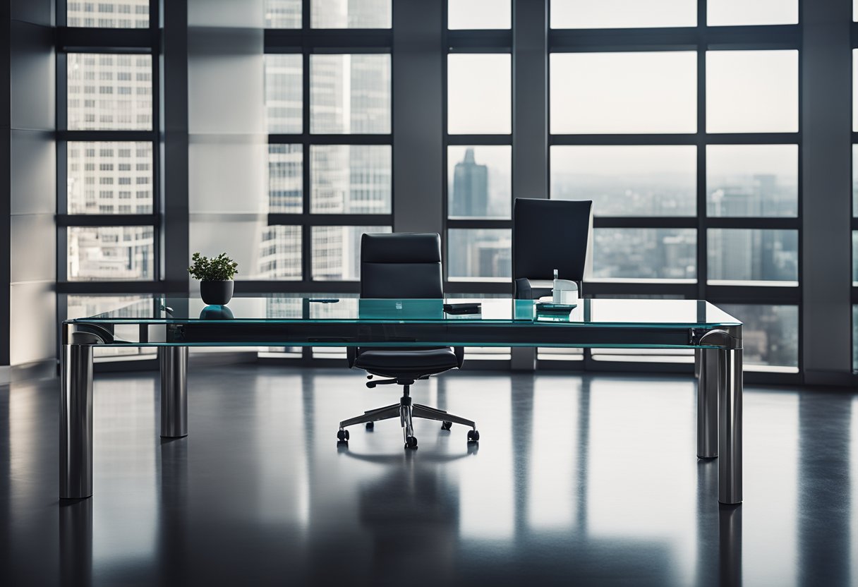 A sleek, minimalist executive office table with a glass top, chrome legs, and a built-in cable management system