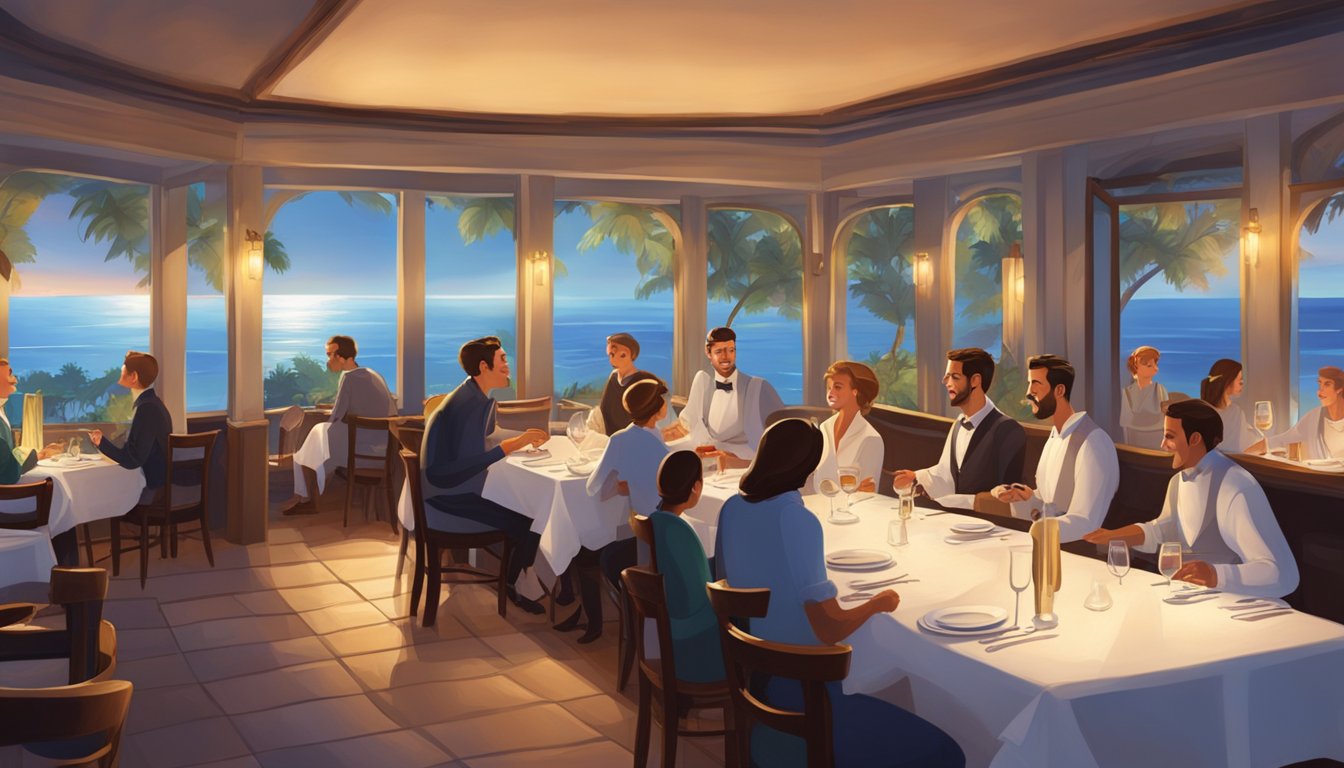 A cozy restaurant with dim lighting, tables set with white linens, and a large window overlooking the ocean. A waiter serves a beautifully plated dish to a table of smiling customers