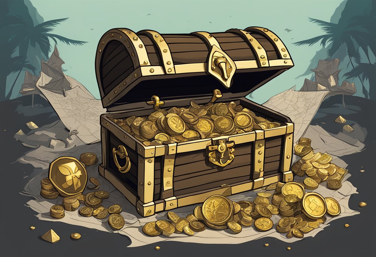 A treasure chest overflowing with gold coins and jewels, surrounded by a tattered pirate flag and a weathered map