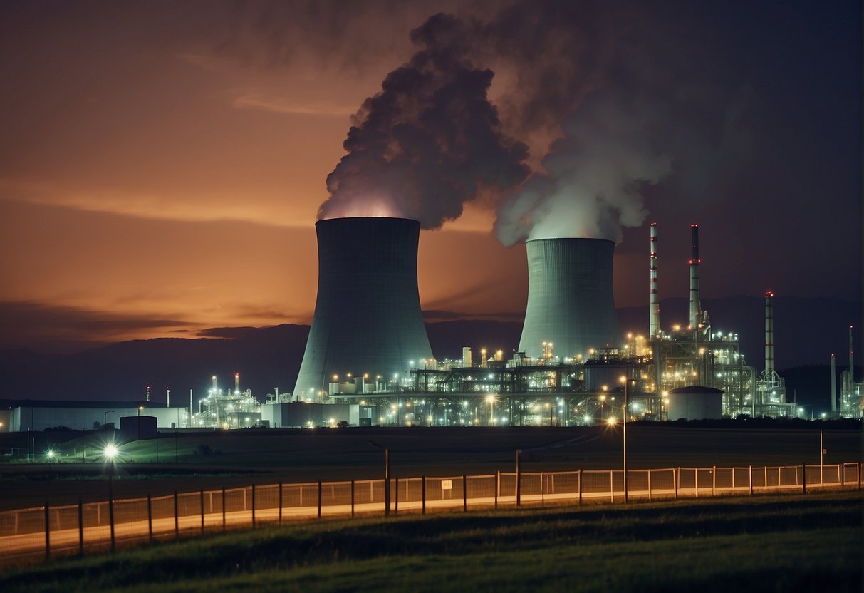 A nuclear power plant emits a soft, warm glow, illuminating the surrounding landscape. The reactor stands tall and imposing, surrounded by a network of pipes and machinery, symbolizing the potential of nuclear energy