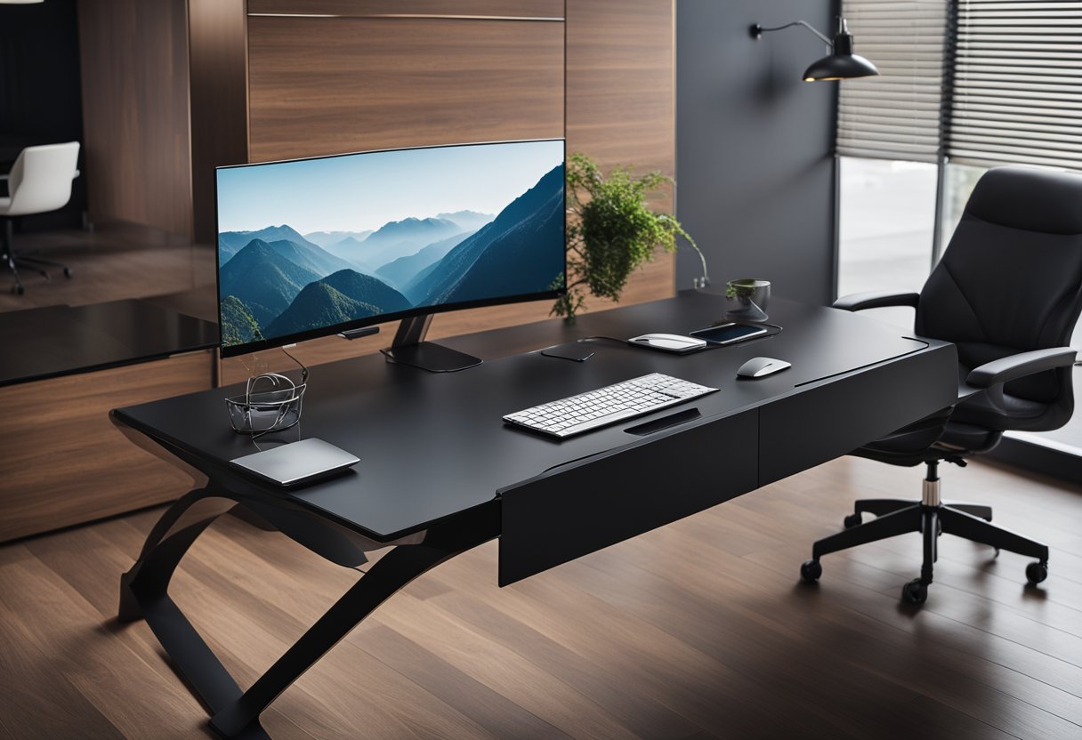 A sleek, minimalist executive desk with integrated cable management, a dual monitor stand, and a wireless charging pad