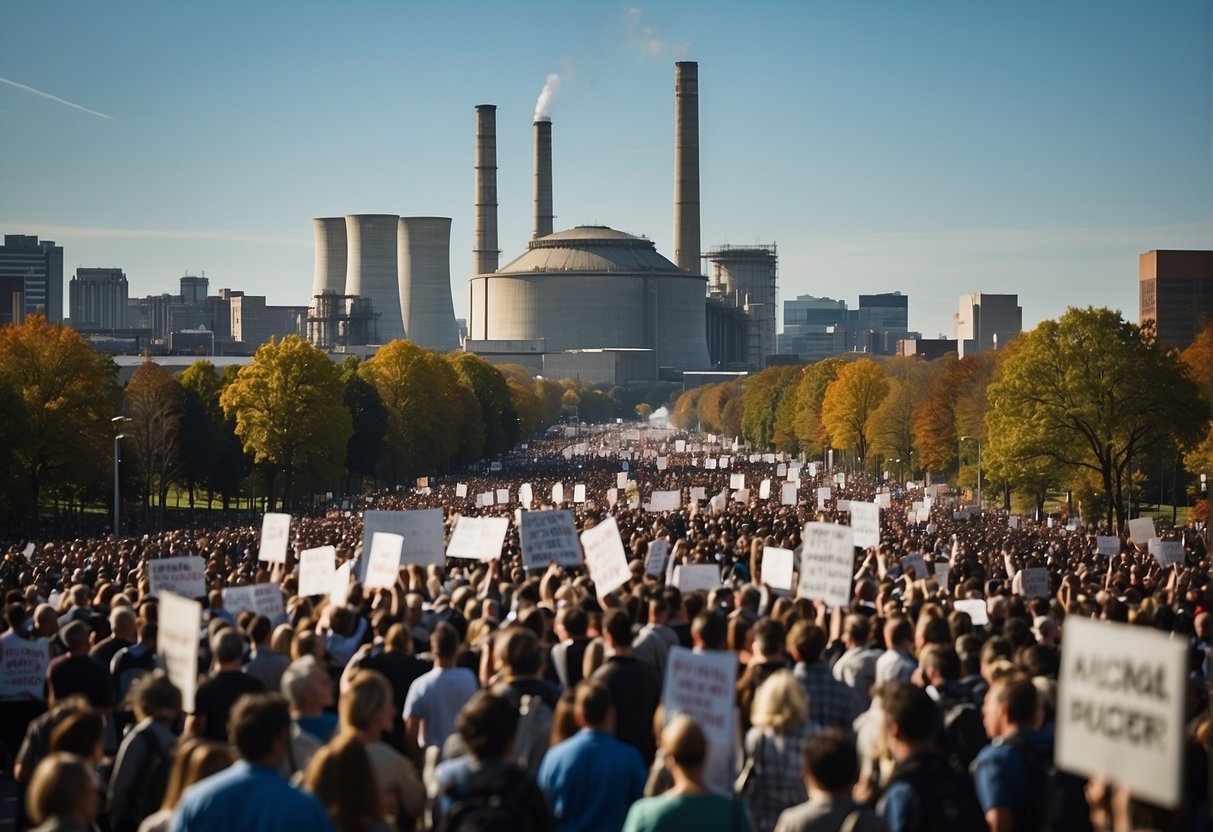 A bustling city skyline with a nuclear power plant in the background, surrounded by protesters holding signs with anti-nuclear messages
