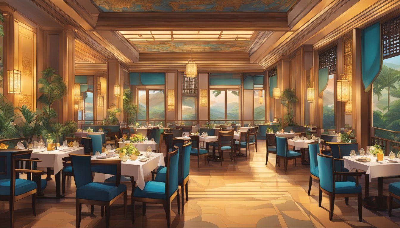 The bustling Asia Grand Restaurant in Singapore exudes a vibrant ambience with ornate decor, dim lighting, and bustling tables