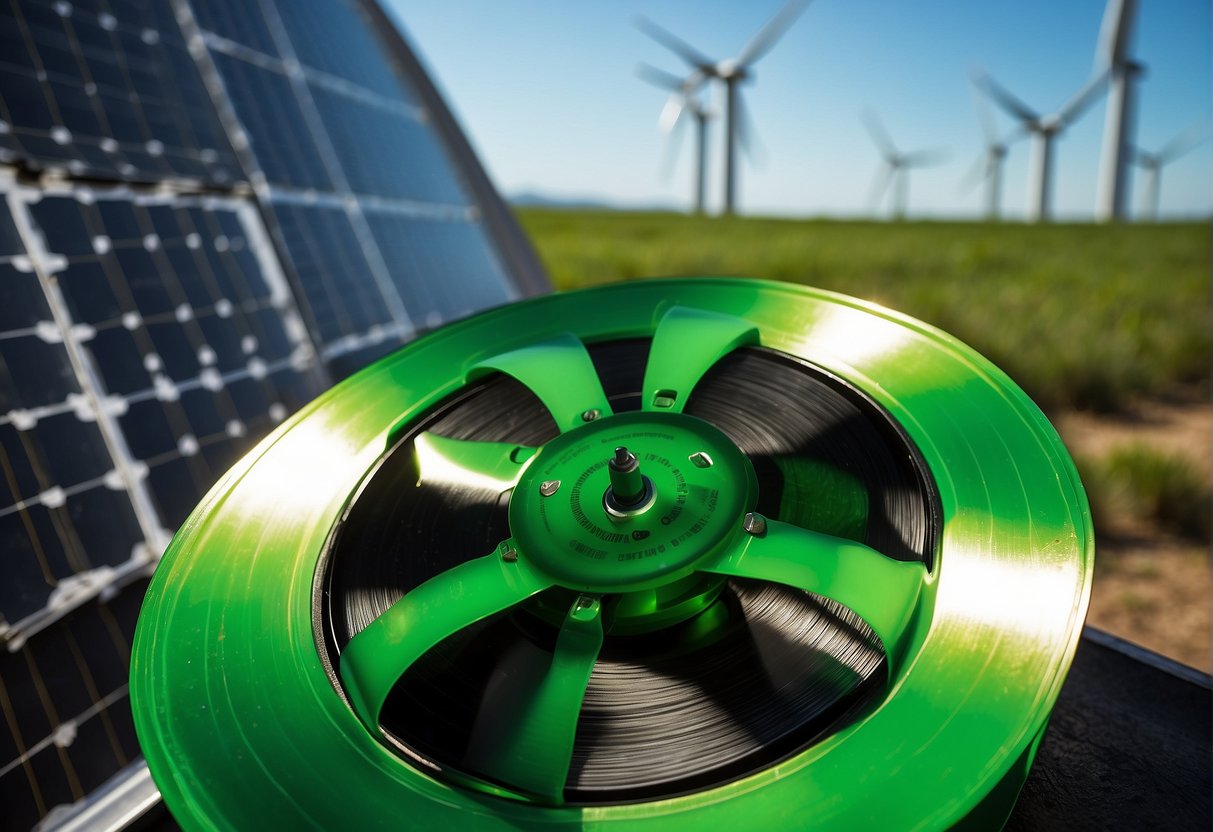 A vibrant green mixtape split in half, one side labeled "Nuclear" with a radioactive symbol, the other side labeled "Renewables" with a wind turbine and solar panel