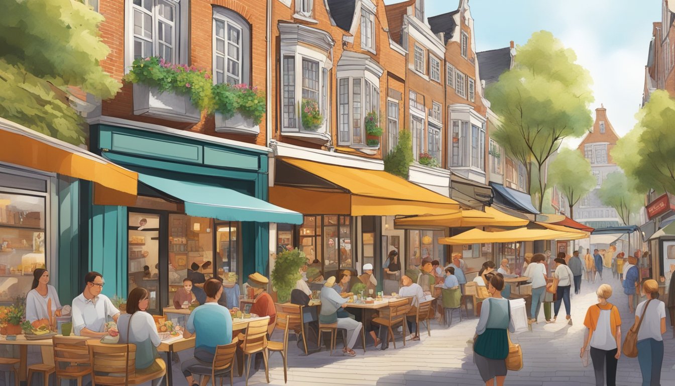 A bustling street lined with diverse eateries, each exuding inviting aromas and vibrant decor, drawing in a mix of locals and tourists in Holland Village