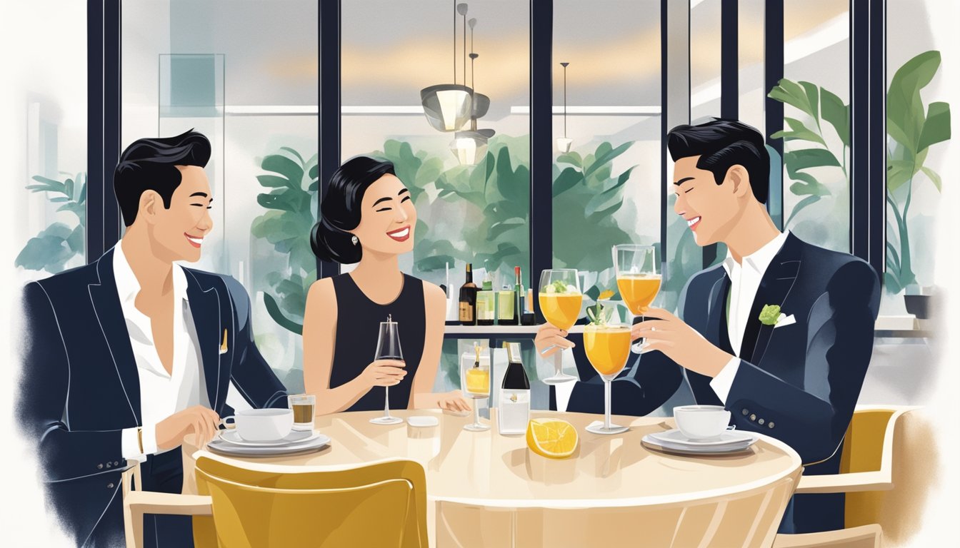 Elegant diners sip cocktails in a chic Singapore restaurant, chatting and laughing in a stylish, modern setting