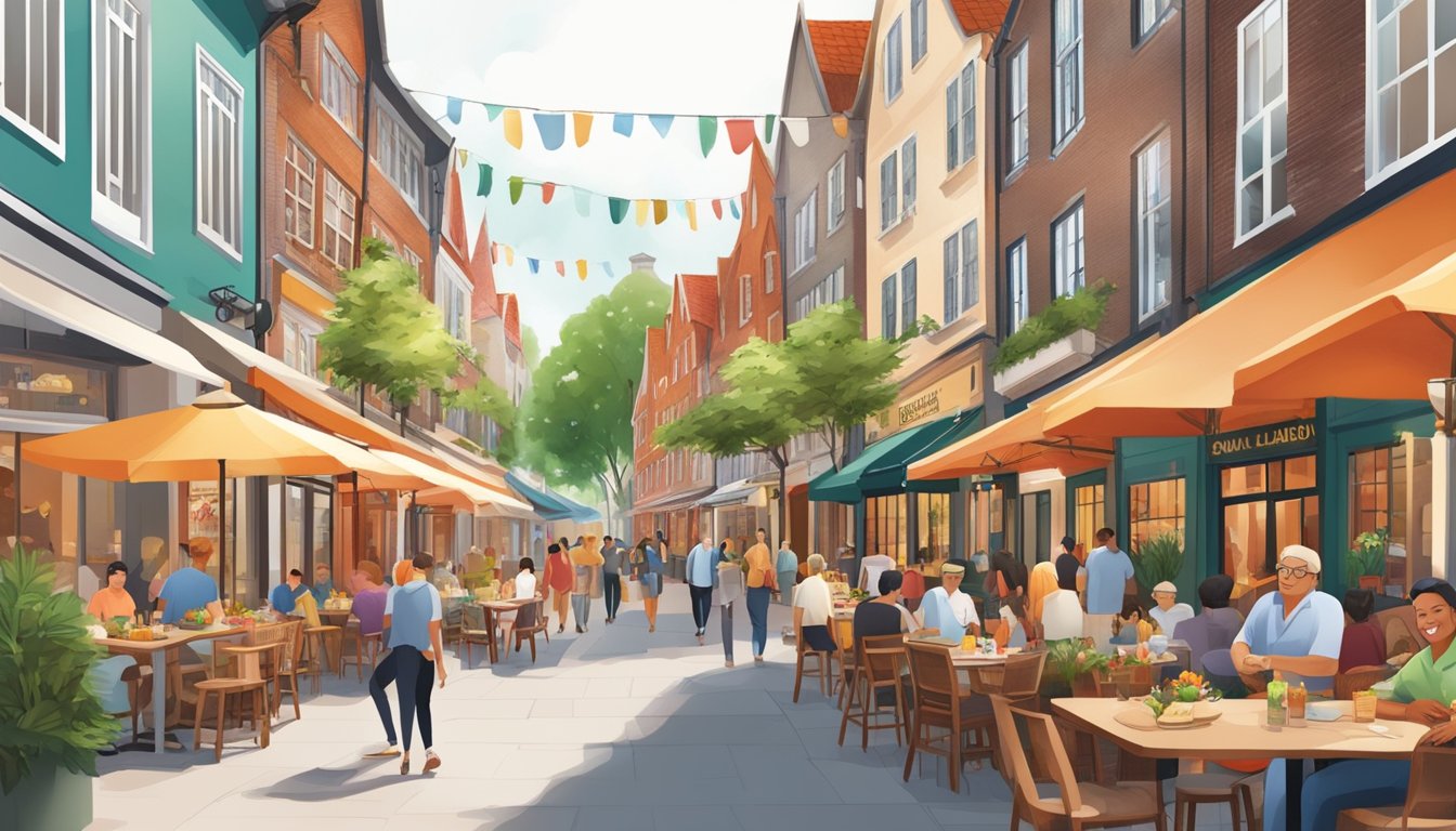 A bustling street lined with colorful restaurants and outdoor dining areas, showcasing a variety of international cuisines and local delicacies in Holland Village