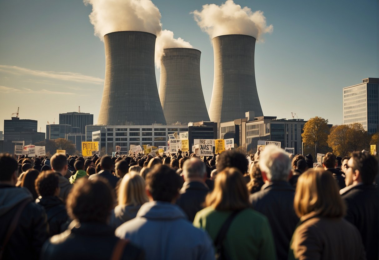 A bustling city skyline with a sleek nuclear power plant nestled among the buildings, emitting a soft glow of energy. A diverse group of people gather in front, holding signs and banners in support of nuclear energy