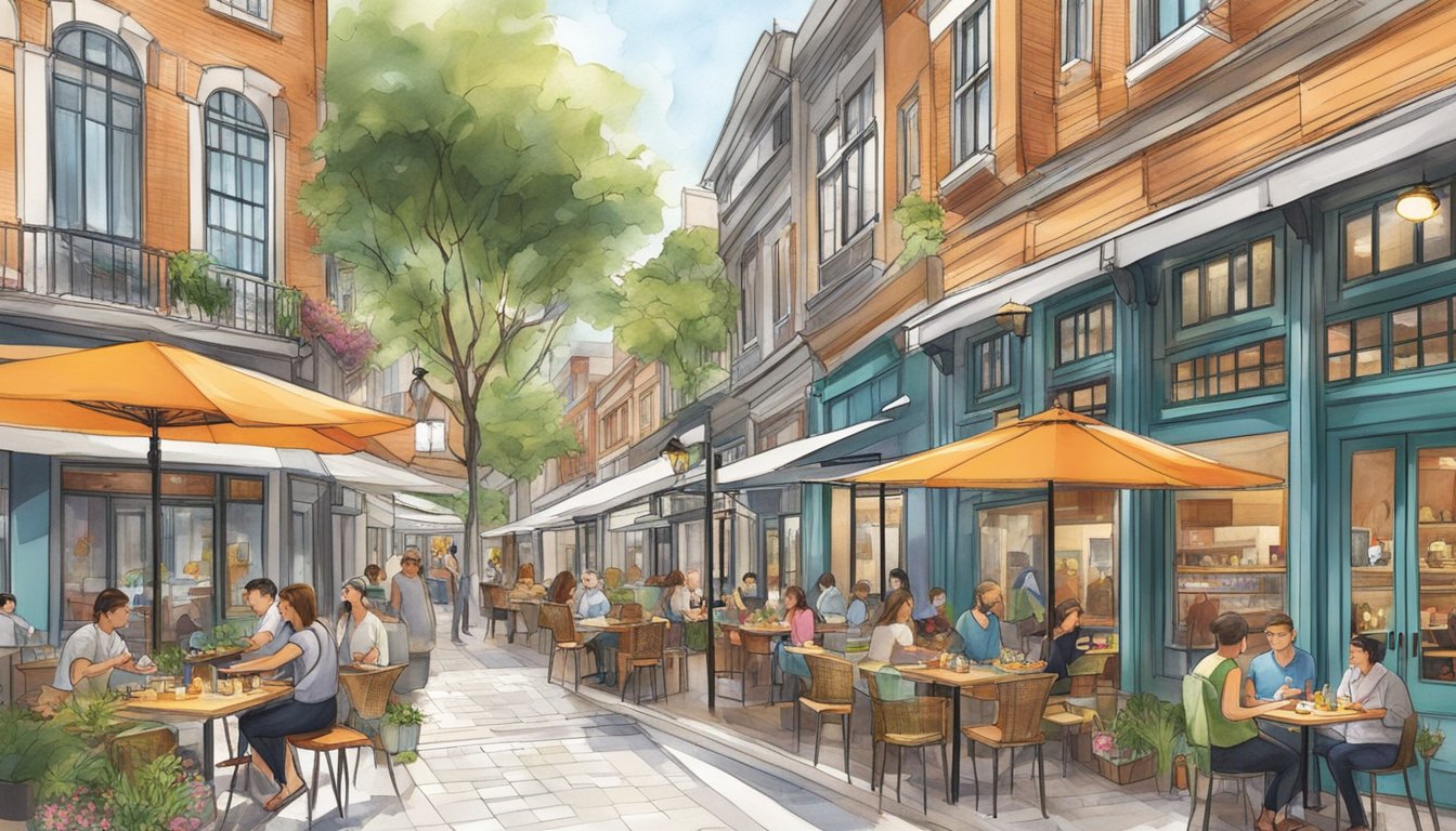 A bustling street lined with diverse restaurants and vibrant storefronts in Holland Village's lifestyle hub. Outdoor seating and lively atmosphere create a welcoming dining experience