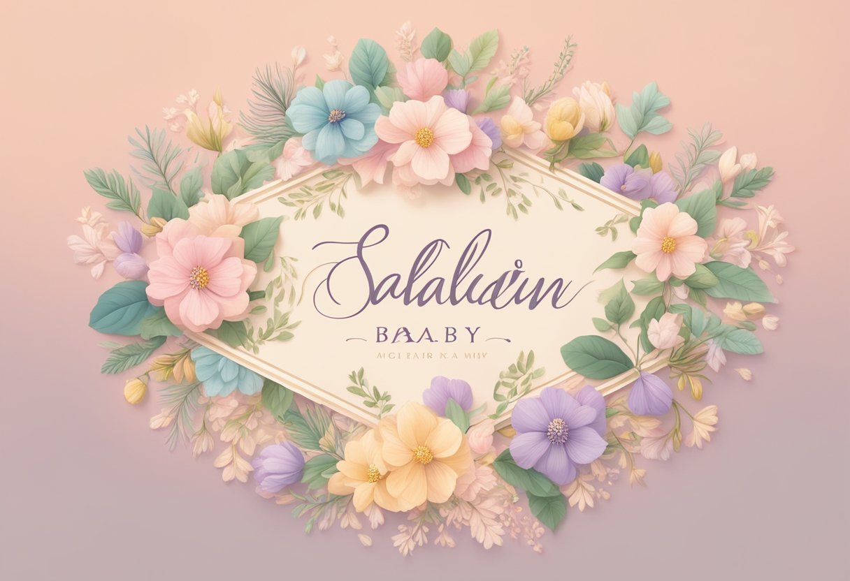 A collection of feminine baby names written in elegant script on a pastel-colored background, surrounded by delicate floral illustrations