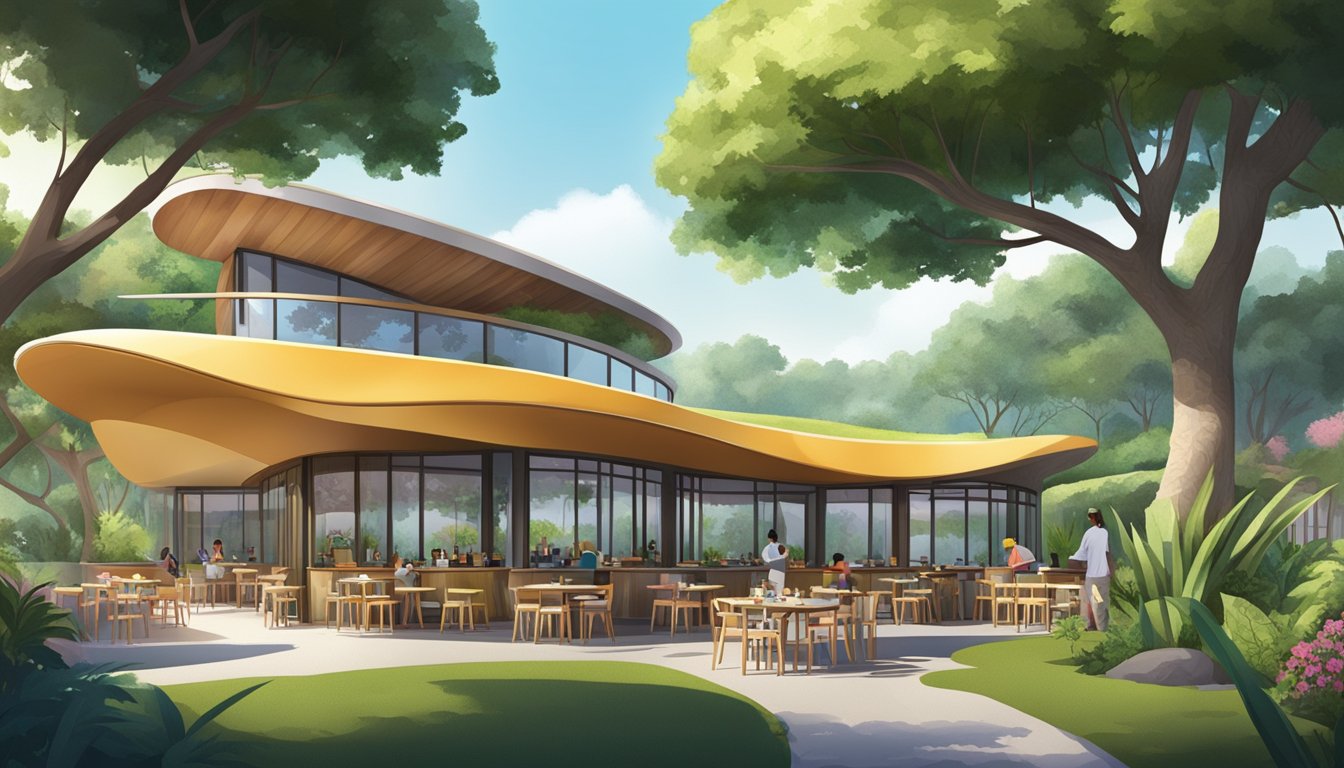 A bustling boomerang-shaped restaurant with outdoor seating and a vibrant atmosphere. The building features a unique design with a curved roof and large windows, surrounded by lush greenery