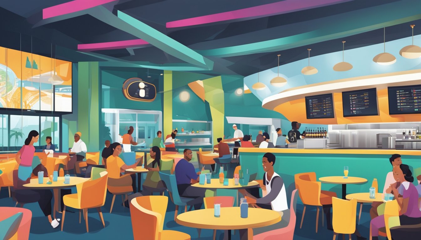 The Boomerang restaurant is bustling with activity in the Sports and Entertainment Hub, with patrons enjoying delicious food and drinks in a vibrant and lively atmosphere