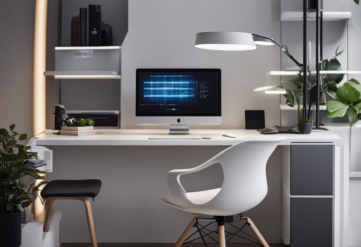 A sleek, minimalist desk with a built-in charging station. A comfortable ergonomic chair with adjustable armrests. A modular bookshelf with integrated LED lighting
