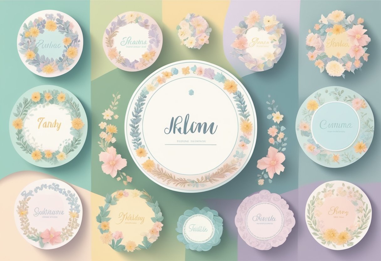 Colorful baby name cards arranged in a circular pattern, surrounded by delicate floral designs and soft pastel colors
