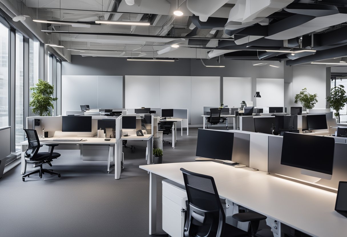 A sleek, open-concept office space with modular desks and ergonomic chairs. Collaborative workstations are surrounded by sound-absorbing panels, promoting focus and teamwork