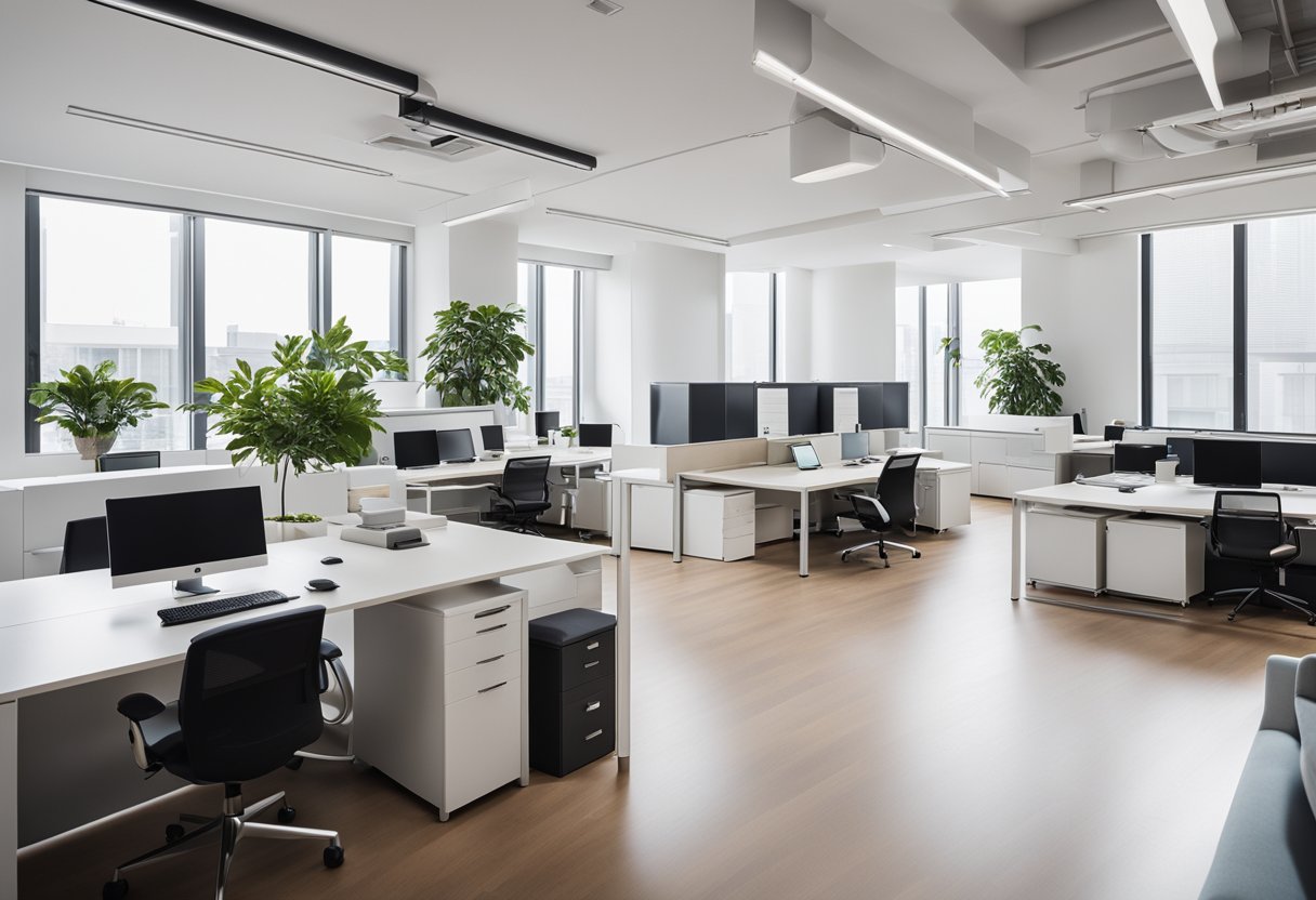 A sleek, minimalist office space with clean lines and ergonomic furniture. Bright, natural lighting and pops of color create a modern and inviting atmosphere