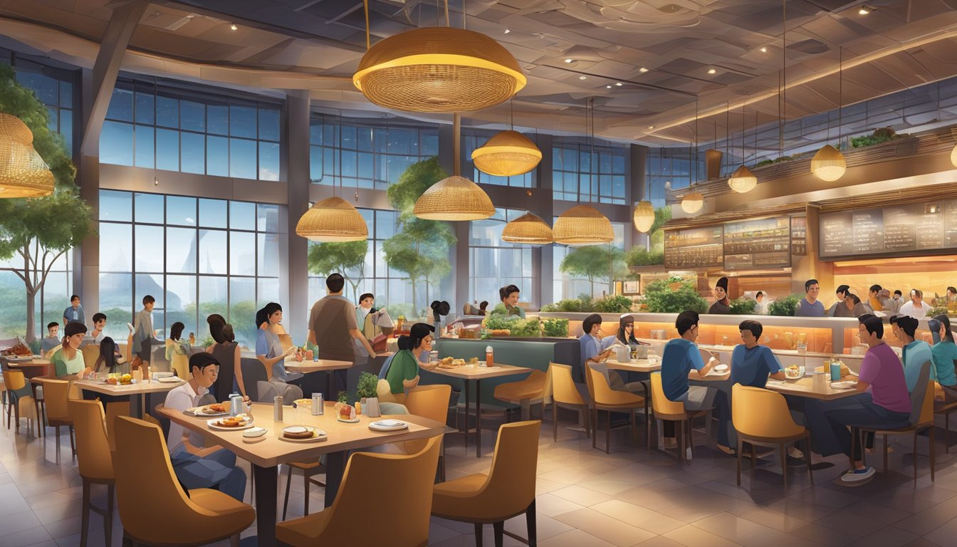 The bustling Changi Airport Terminal 3 restaurants feature a variety of cuisines and vibrant decor, with diners enjoying their meals amidst the lively atmosphere