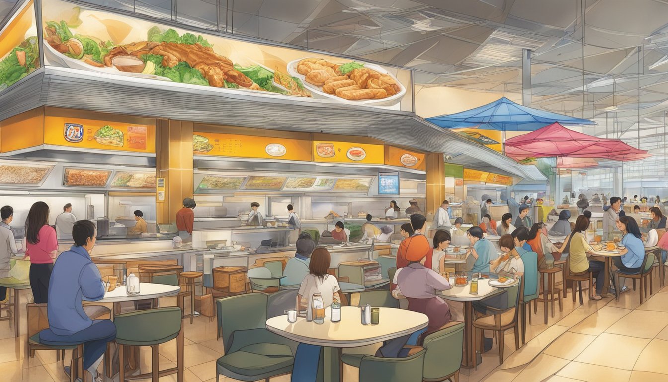 A bustling array of international cuisine, from steaming noodle bowls to sizzling grilled meats, fills the vibrant food court at Terminal 3 Changi Airport