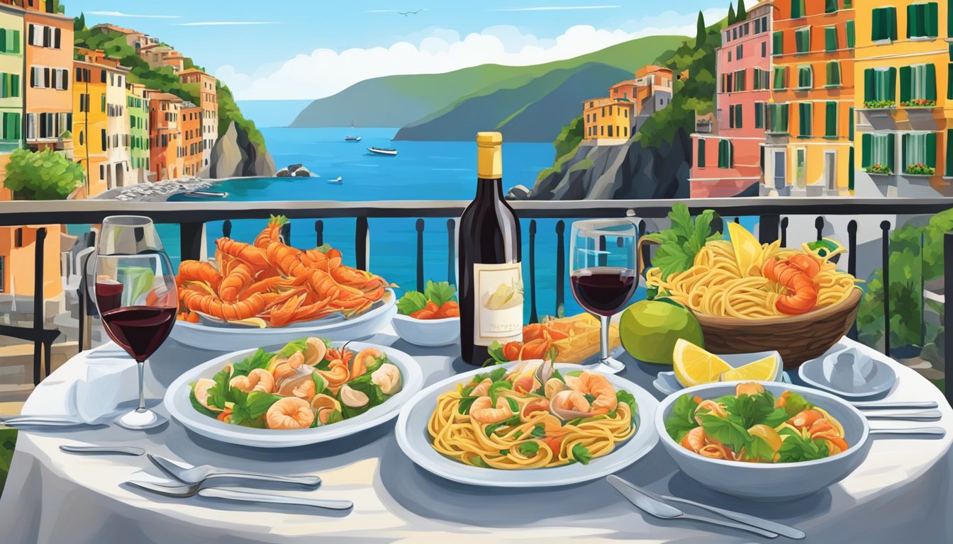 A table set with fresh seafood, pasta, and local wine overlooks the colorful buildings of Cinque Terre. The aroma of Italian cuisine fills the air