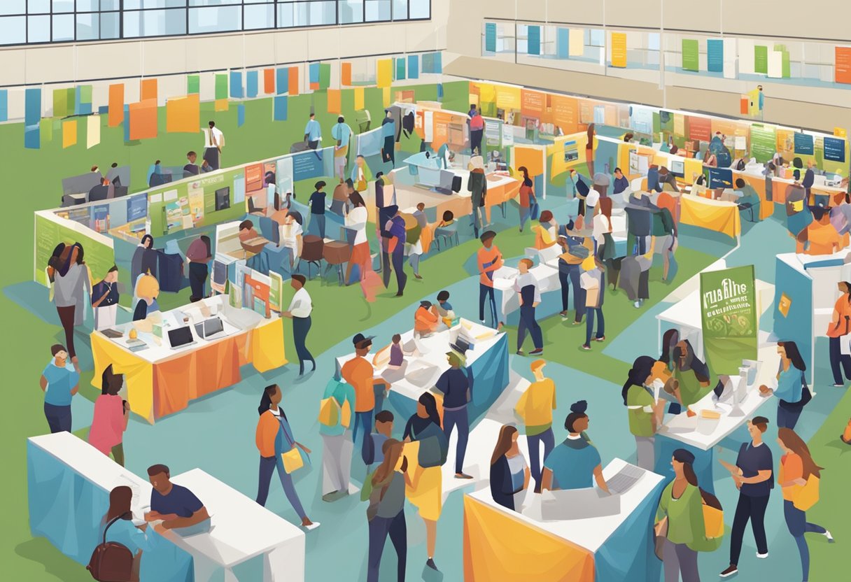 A bustling college fair with students and professionals mingling, exchanging information, and engaging in conversations. Bright banners and informative booths line the room, creating a lively and informative atmosphere. Guiding Teens.