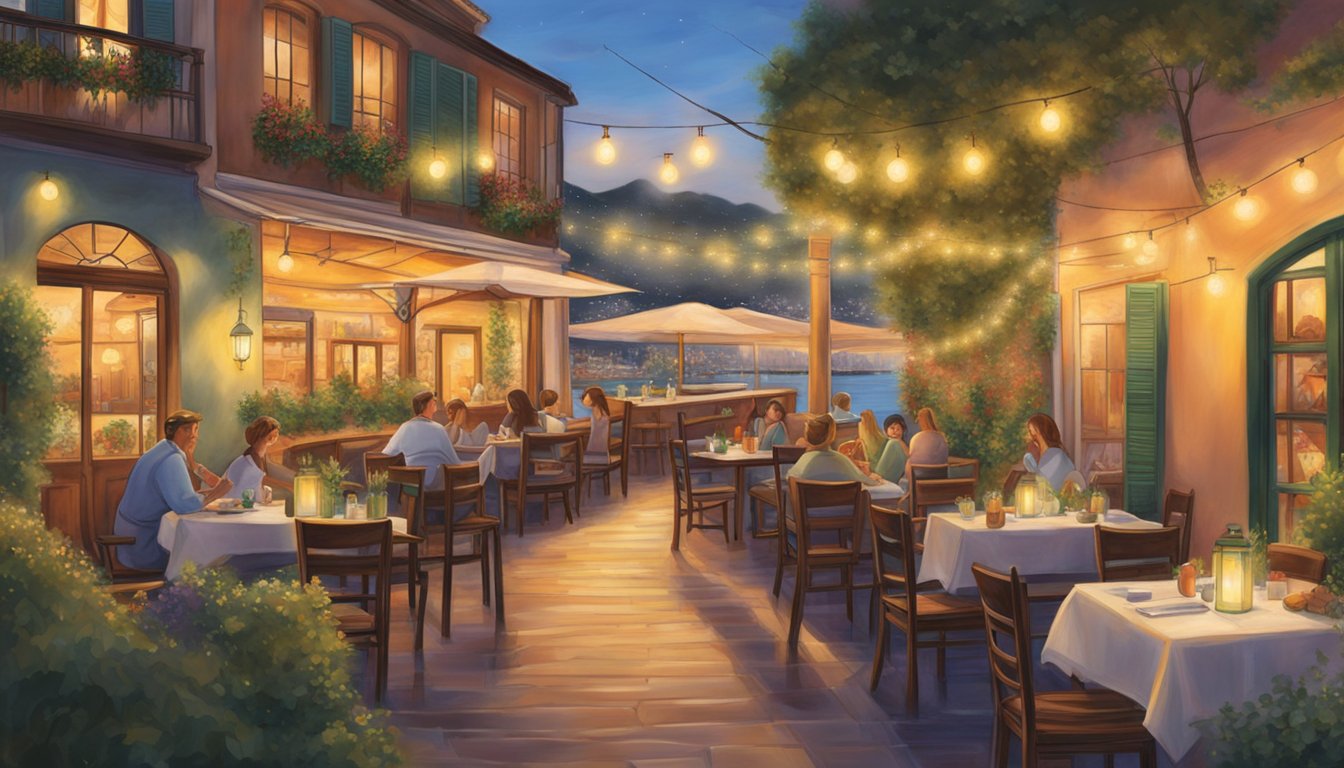 The warm glow of string lights illuminates the cozy outdoor patio of the Cinque Terre Italian restaurant. Aromatic herbs and spices fill the air as diners enjoy their meals amidst the charming coastal setting