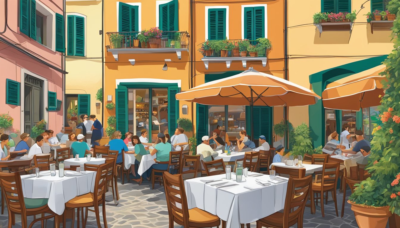 A bustling Italian restaurant in Cinque Terre, with colorful buildings, outdoor seating, and a view of the sea