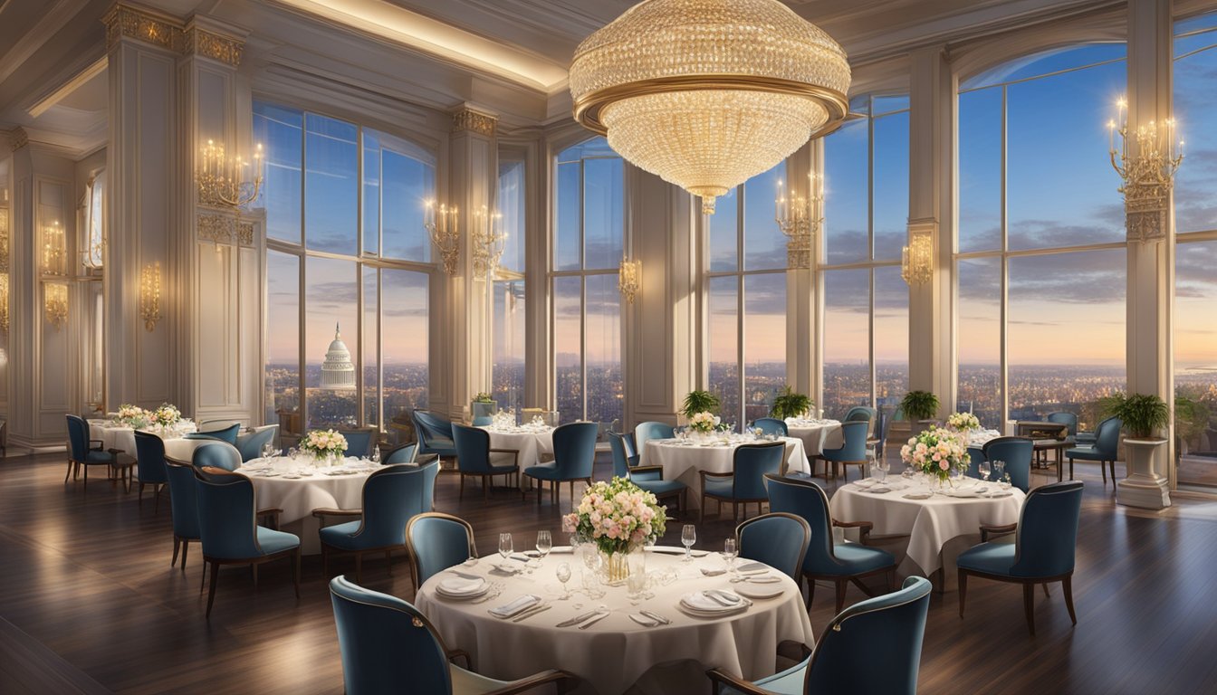 The elegant Capitol Kempinski restaurant features high ceilings, crystal chandeliers, and plush seating, with a view of the city skyline through large windows