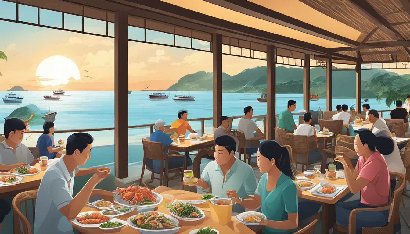 Customers enjoying fresh seafood dishes at Desaru Seafood Restaurant, with a scenic view of the ocean and a bustling atmosphere
