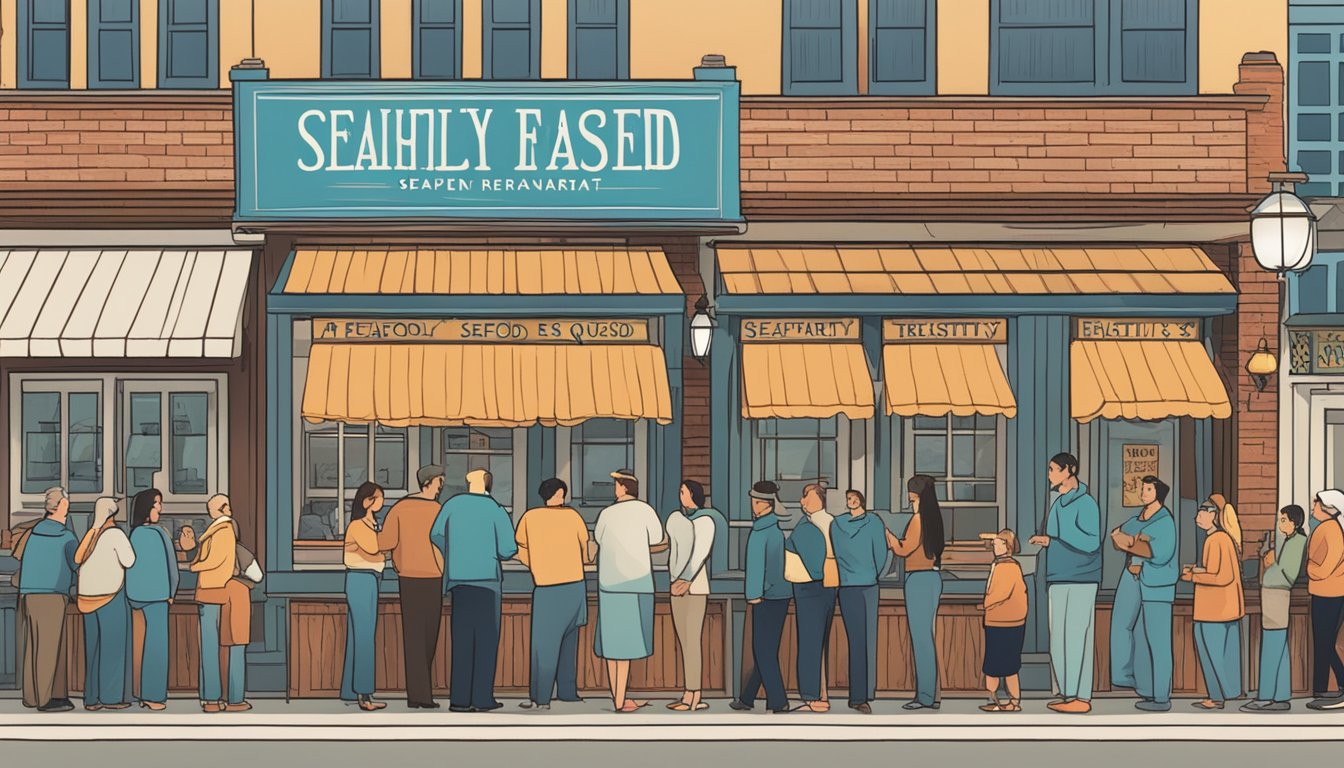 Customers line up outside the bustling seafood restaurant. A sign reads "Frequently Asked Questions" in bold, inviting font. The aroma of sizzling seafood fills the air