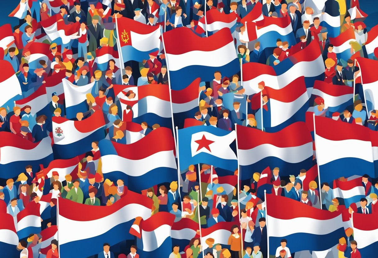 A colorful array of Czech flags and traditional symbols, surrounded by joyful families and children, evoking a sense of cultural pride and celebration