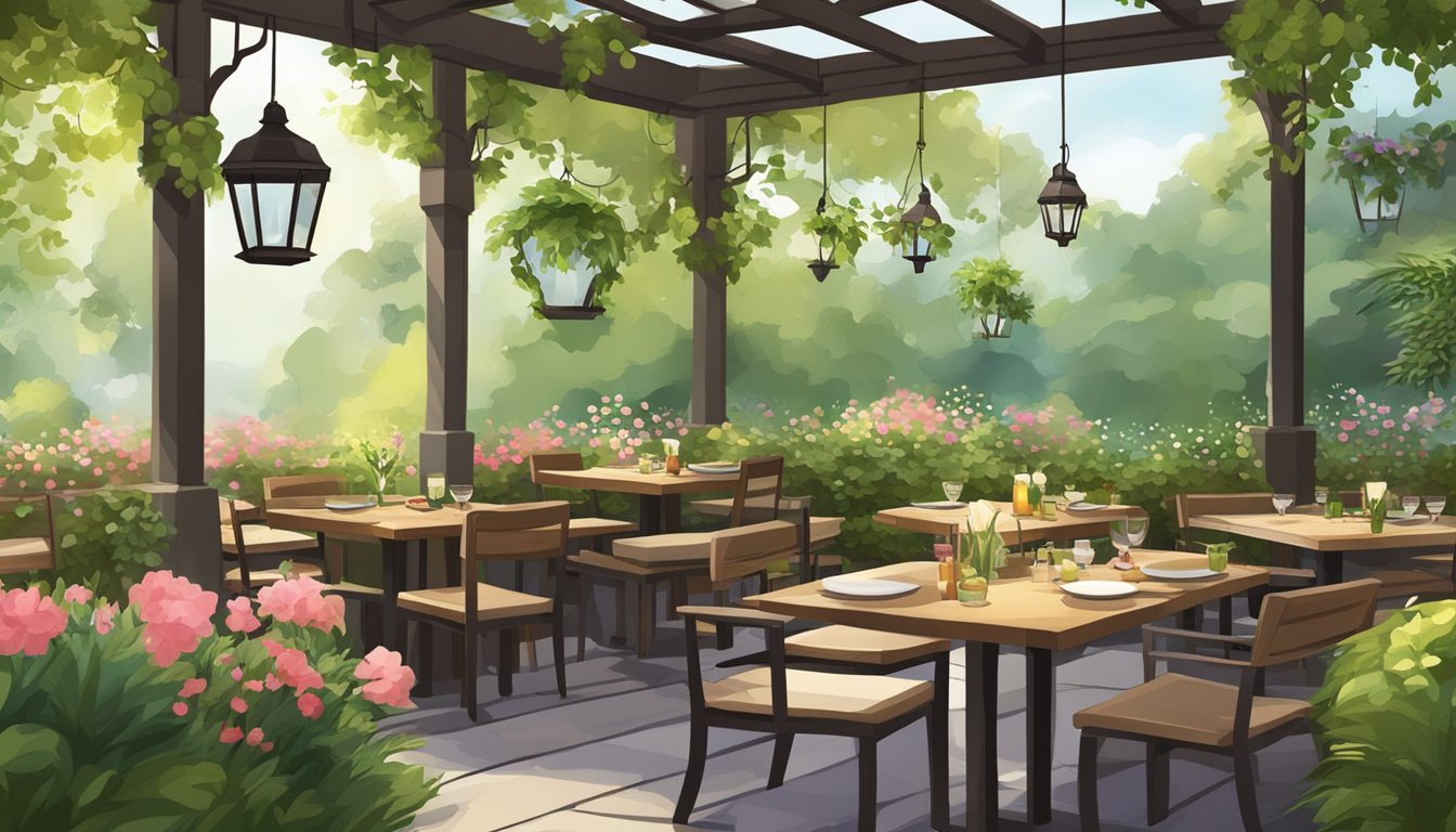 Lush garden surrounds a quaint restaurant with wooden tables and hanging lanterns. Greenery and flowers create a serene atmosphere