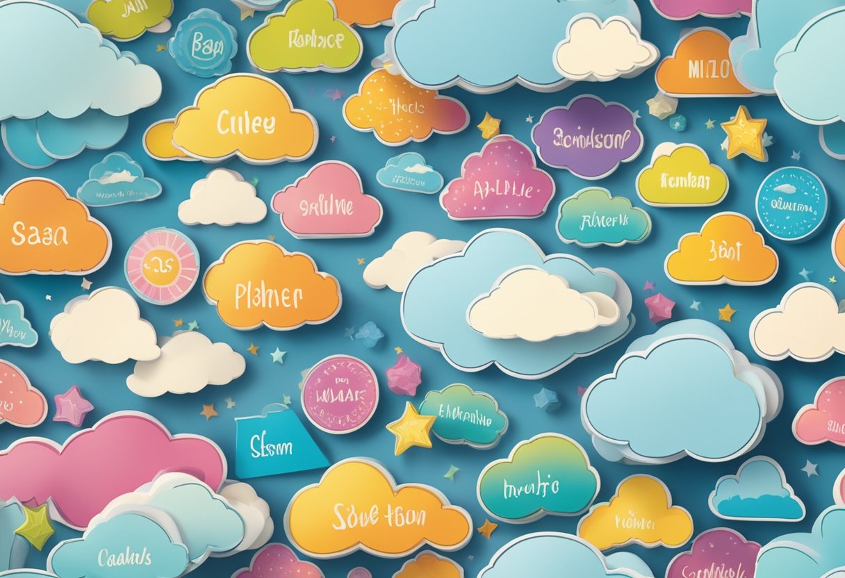 Colorful, whimsical name tags float in a cloud-filled sky, each bearing an invented baby name in bold, playful lettering