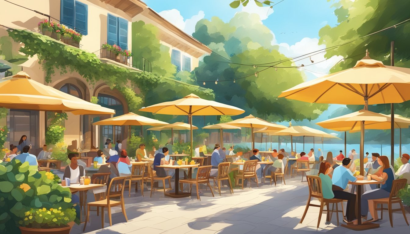 A bustling outdoor garden restaurant with colorful umbrellas, wooden tables, and lush greenery. The sun is shining, and people are enjoying their meals in a relaxed atmosphere