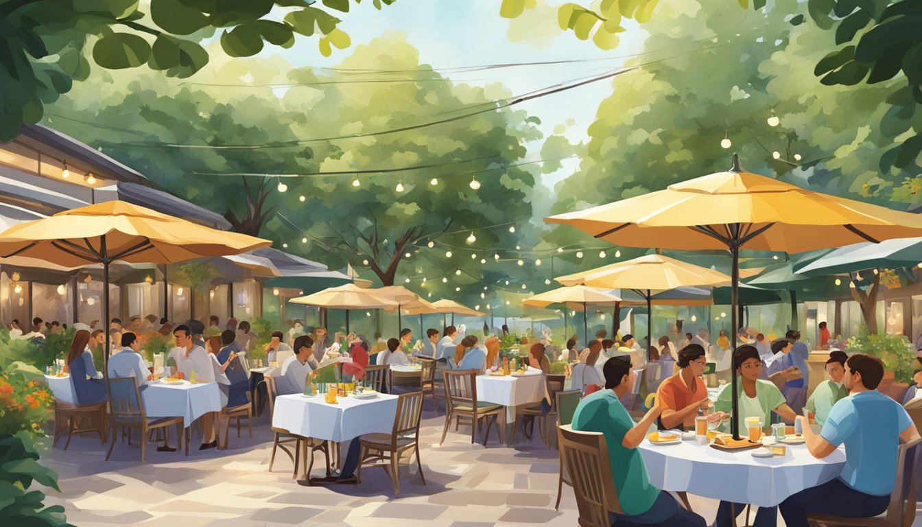 A bustling outdoor garden restaurant with colorful umbrellas, lush greenery, and a variety of tables filled with diners enjoying their meals